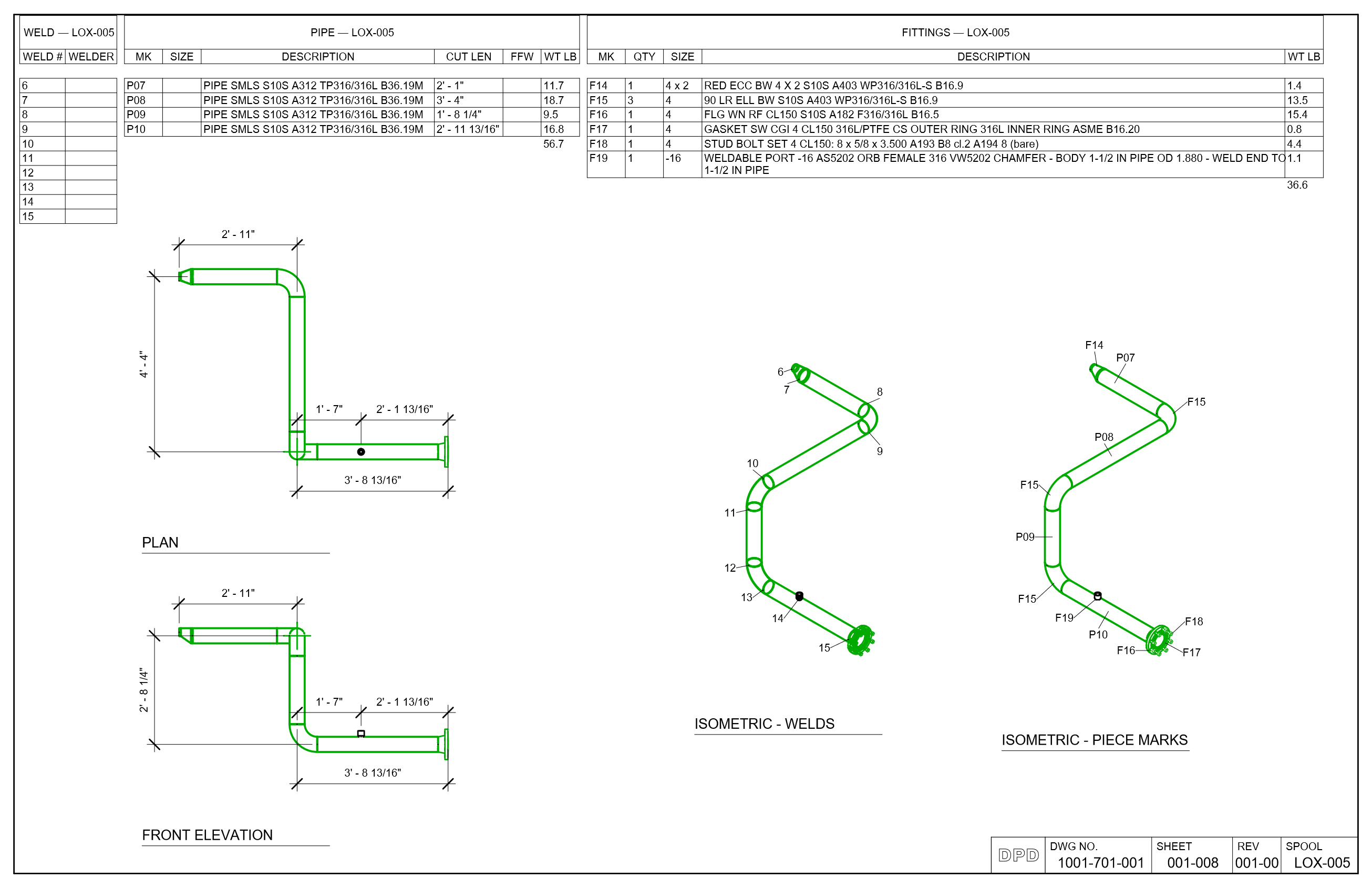 Pipe fabrication drawing: spool sheet with dimensioned plan and elevation, fabrication isometrics with weld numbers and piece marks, weld list, cut list and bill of material